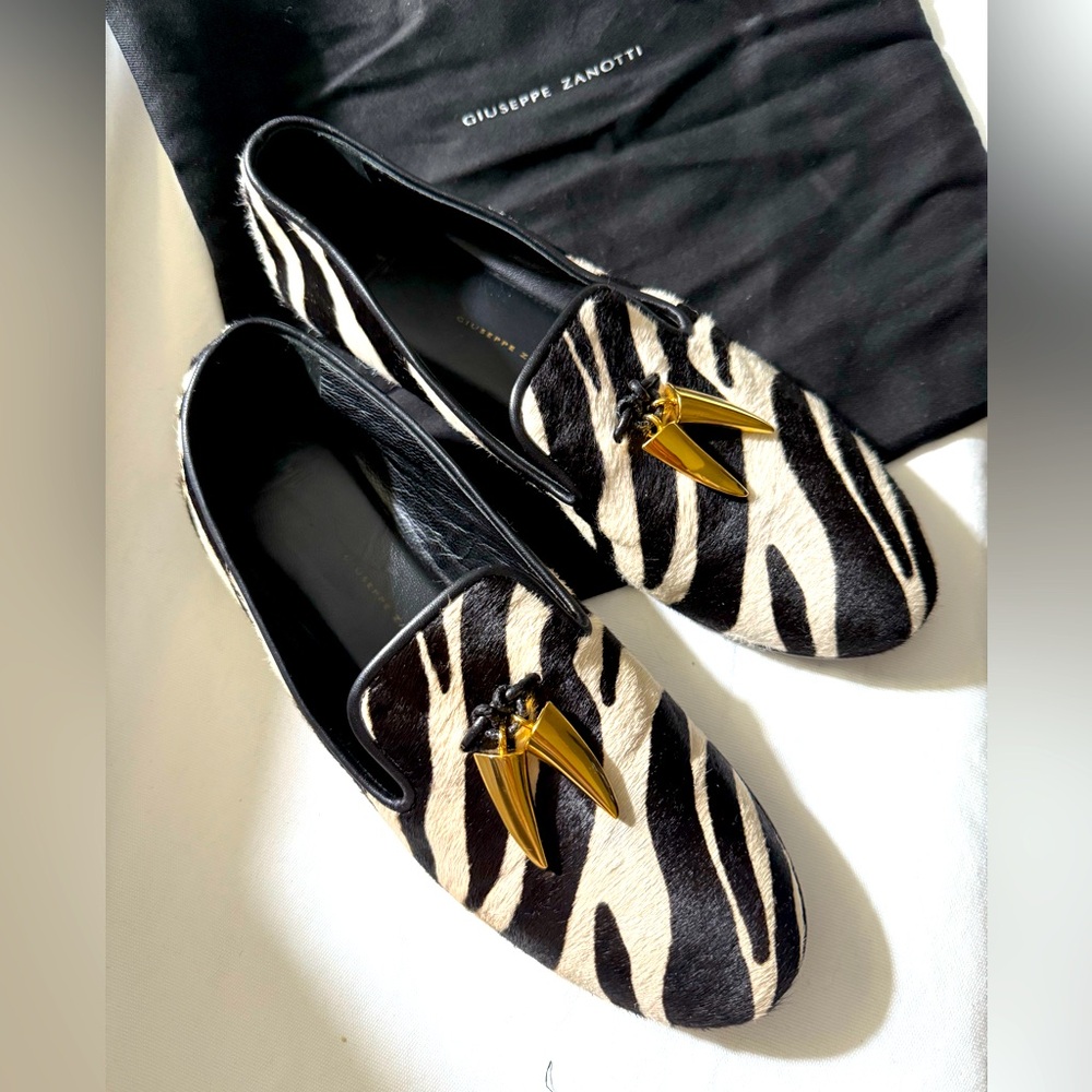 Giuseppe Zanotti Zebra Print Calf hair Lucia Shark Tooth Slip-on Shoes Sz 38 1/2